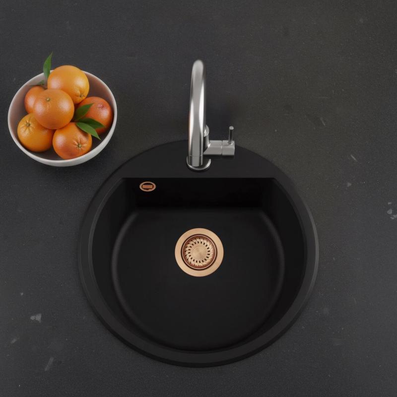 GraniteMy Bremen round granite sink 43 cm black top mount and undermount with faucet hole and copper plug 1208971837