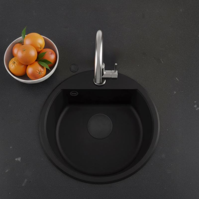 GraniteMy Bremen round granite sink 43 cm black, top mount and undermount, with tap hole bench and automatic black plug 1208971839