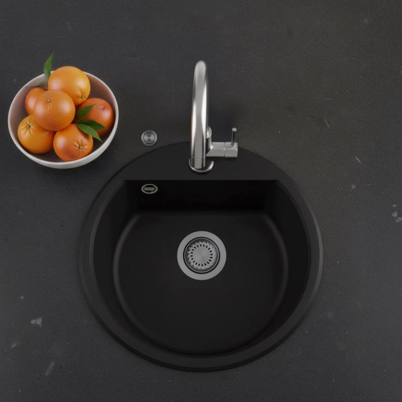 GraniteMy Bremen round granite sink 43 cm black, top mount and undermount, with faucet hole and automatic gun metal plug 1208971844