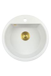 GraniteMy Bremen round granite sink 43 cm white, top mount and undermount, with faucet hole bench and automatic gold plug 1208971848