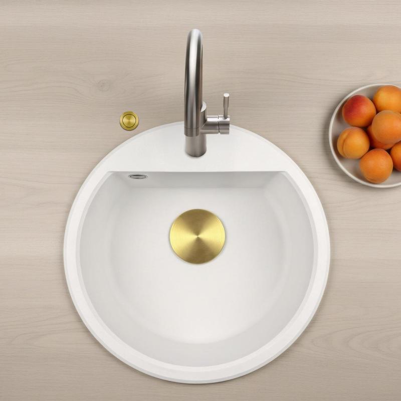 GraniteMy Bremen round granite sink 43 cm white, top mount and undermount, with faucet hole bench and automatic gold plug 1208971848
