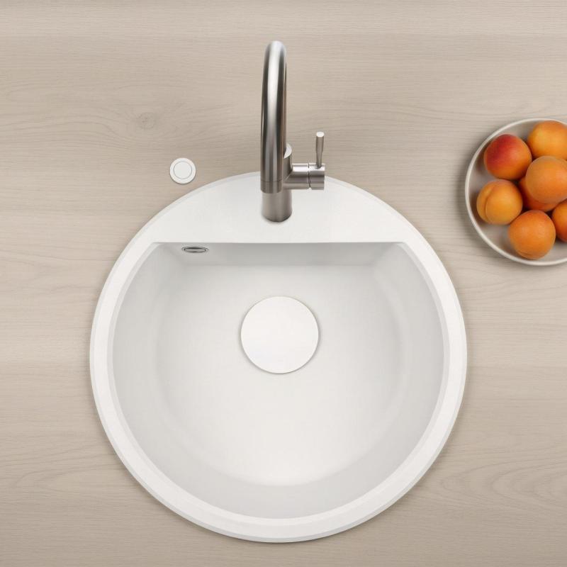 GraniteMy Bremen round granite sink 43 cm white, surface and undermount, with faucet hole bench and automatic white plug 1208971850