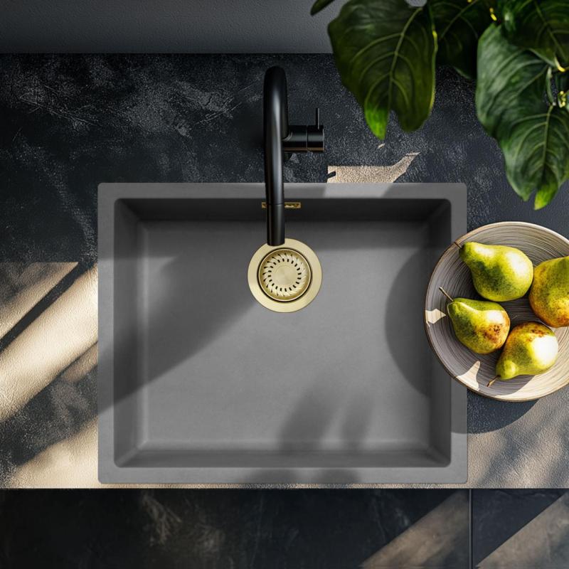 Ausmann Fiber concrete gray sink 50x40cm undermount, top mount and flush mount with golden plug 1208971885