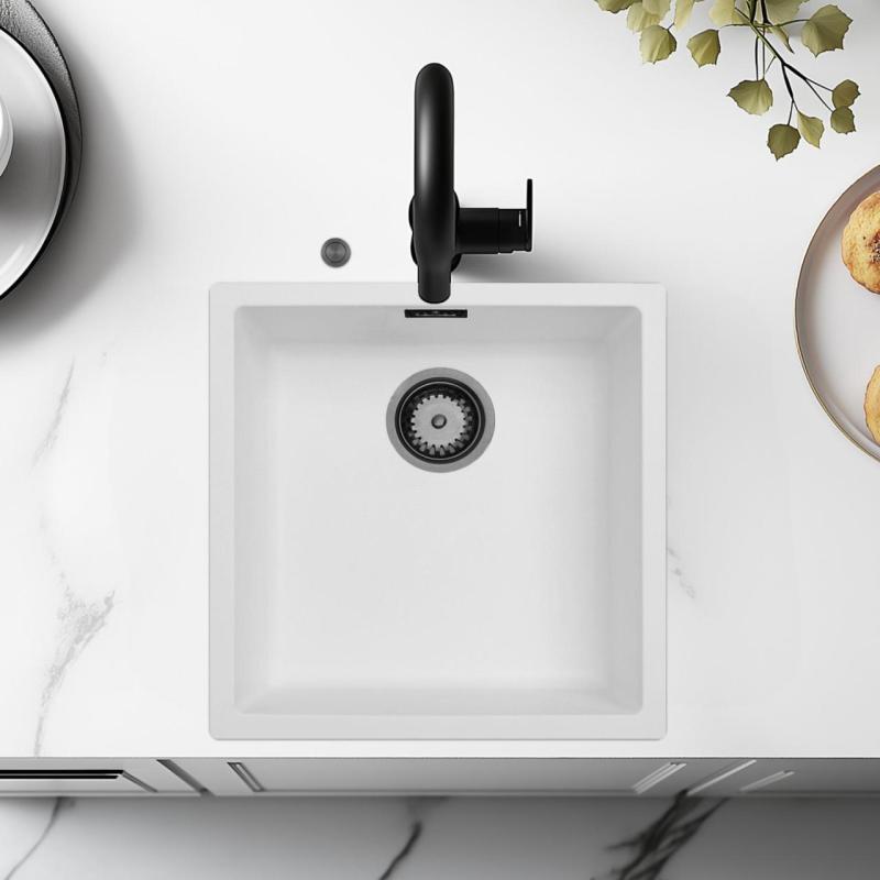 Ausmann Fibre white sink 40x40cm undermount, topmount and flush mount with automatic gun metal plug 1208971895
