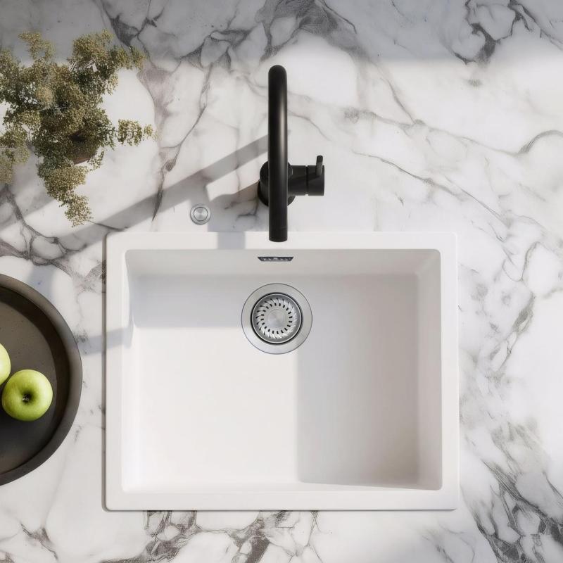 Ausmann Fibre white sink 50x40cm undermount, topmount and flush mount with automatic stainless steel plug 1208971898