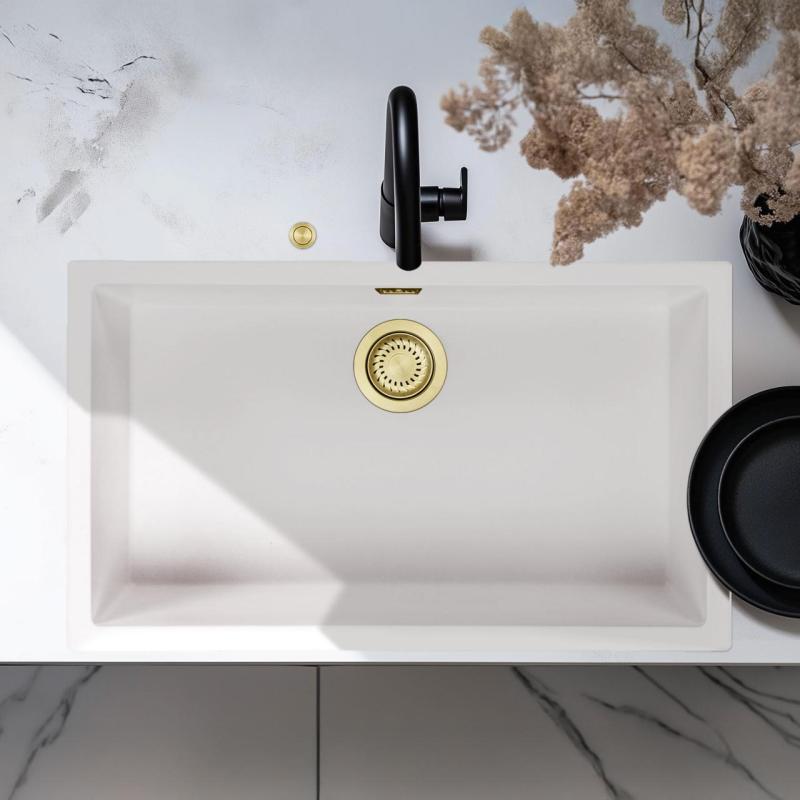 Ausmann Fiber white large sink 70x40cm undermount, topmount and flushmount with automatic gold plug 1208971907