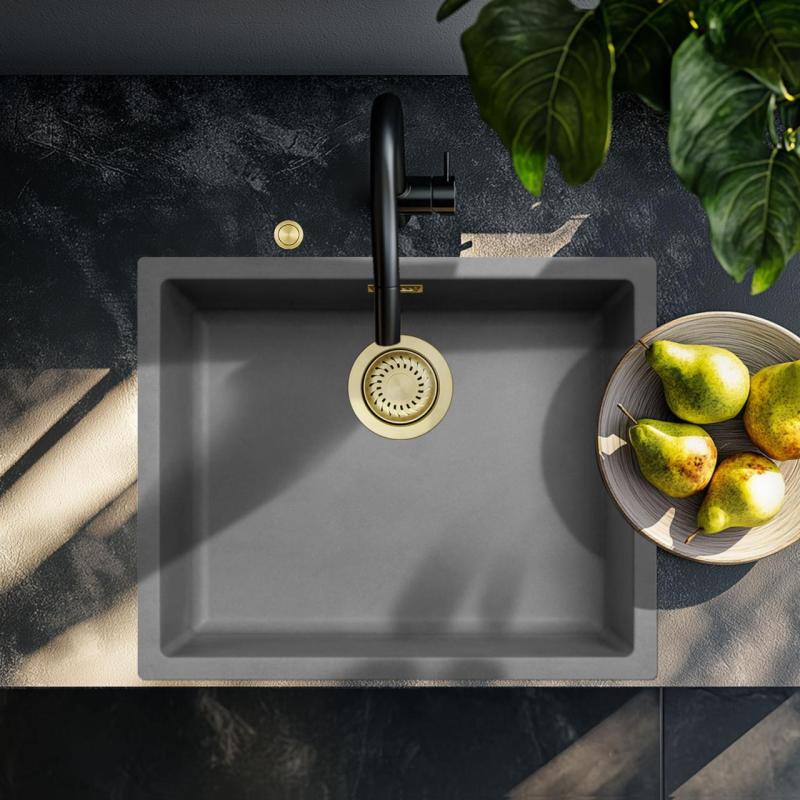 Ausmann Fiber concrete gray sink 50x40cm undermount, topmount and flushmount with automatic gold plug 1208971918