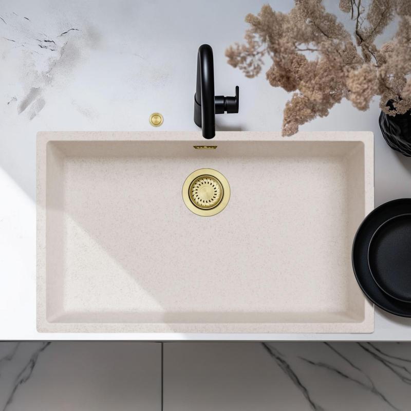 Ausmann Fibre sand white large sink 70x40cm undermount, countertop and flush mount with automatic gold plug 1208971938