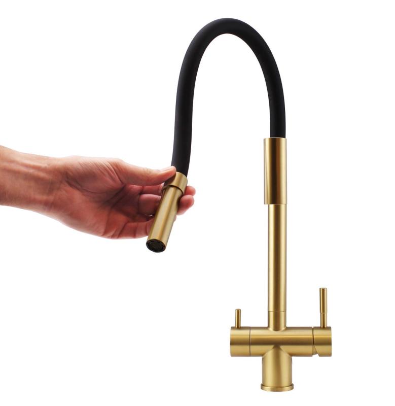 Pure.Sink Elite Steel Flex 3-way PVD brushed gold kitchen faucet with flexible spout and Filtered Water PS8110-60