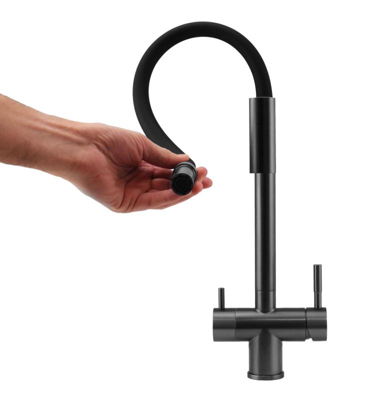 Pure.Sink Elite Steel Flex 3-way PVD gun metal kitchen faucet with flexible spout and Filtered Water PS8110-61