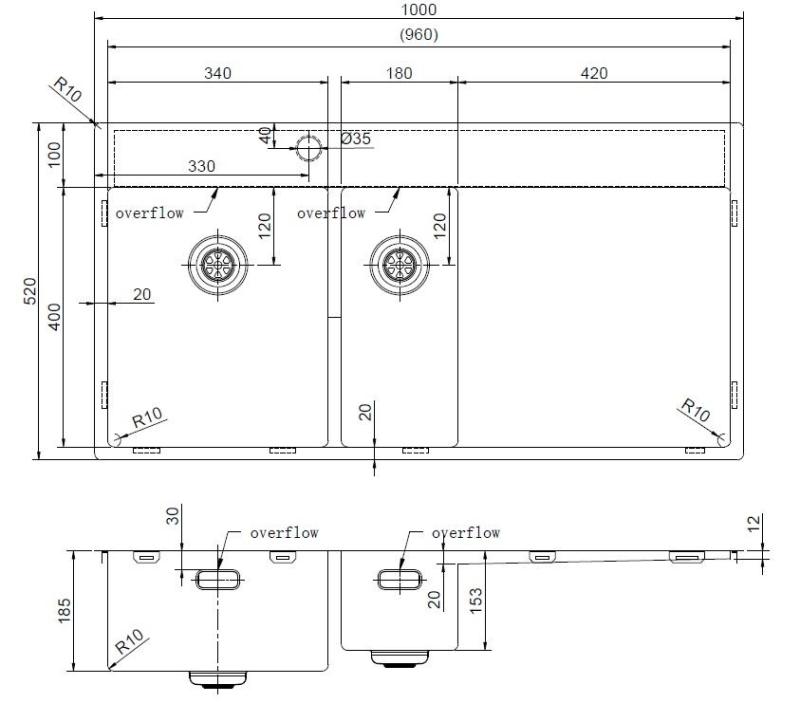 Pure.Sink Exclusivo Gun metal 1.5 sink with drainer 100x52 cm Tapwing left PEX3418100LT-61
