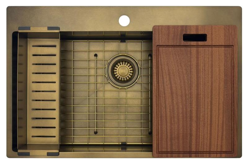 Pure.Sink Luxion Large PVD Antique Bronze sink 78x50 cm Tapwing with tap hole bench and bottom rack PLX7850T-64