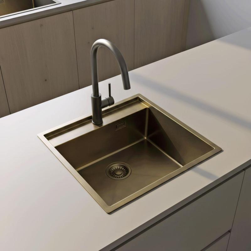 Pure.Sink Luxion PVD Antique Bronze sink 51x50 cm Tapwing with tap hole bench and bottom rack PLX5150T-64