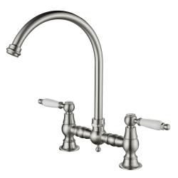 Aquanello Heritage Manor Classic Kitchen Nostalgic Bridge Kitchen Faucet Stainless Steel with White Handle and Round Spout NB-0011-HM