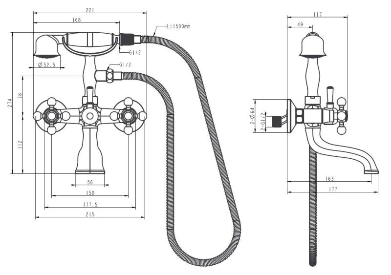 Aquanello Heritage Ascot Classic Surface-Mounted Bath Mixer with Star Knobs Bronze including Hand Shower BN-3002-HA