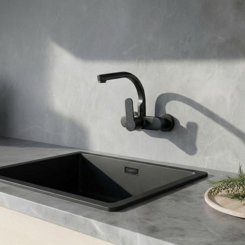 Aquanello Casa Kitchen Wall Faucet with Top Spout Black BL-1003-CS